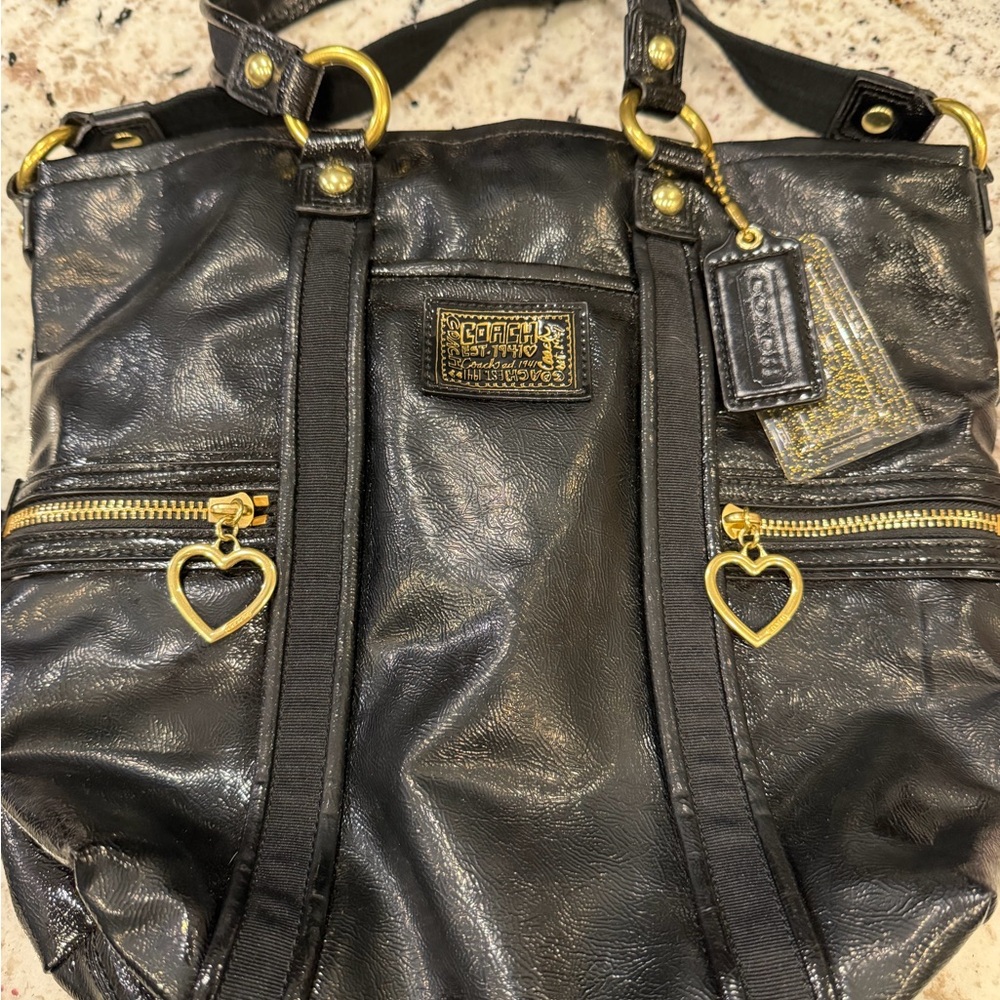 COACH Black Leather Tote with Gold Hardware